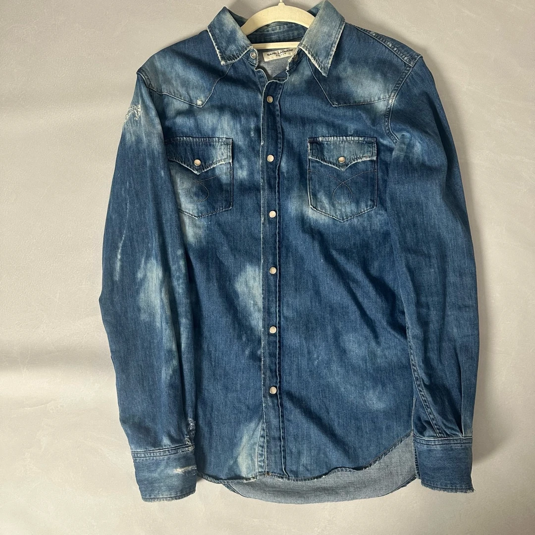 99新 YSL/圣罗兰 葡萄籽奢潮/蓝色挑染牛仔衬衣/M码