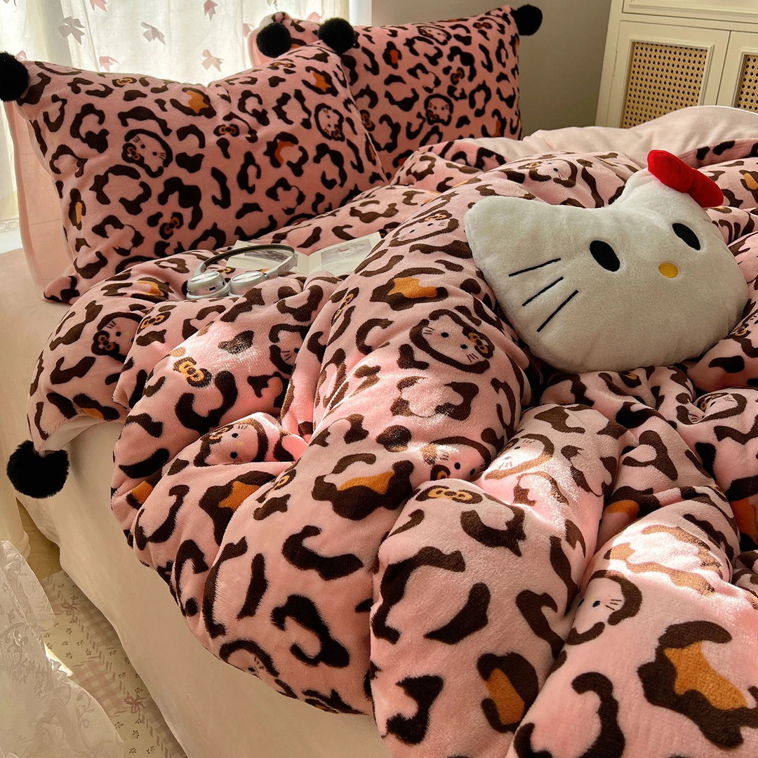 ins豹纹牛奶绒床上四件套冬季女生宿舍珊瑚绒毛巾绣床单被套床品4