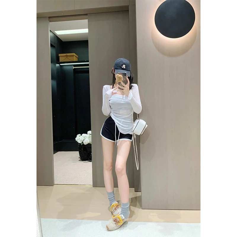 斜肩长袖夏季简约T恤上衣防晒罩衫运动风百搭显瘦修身短裤套装女