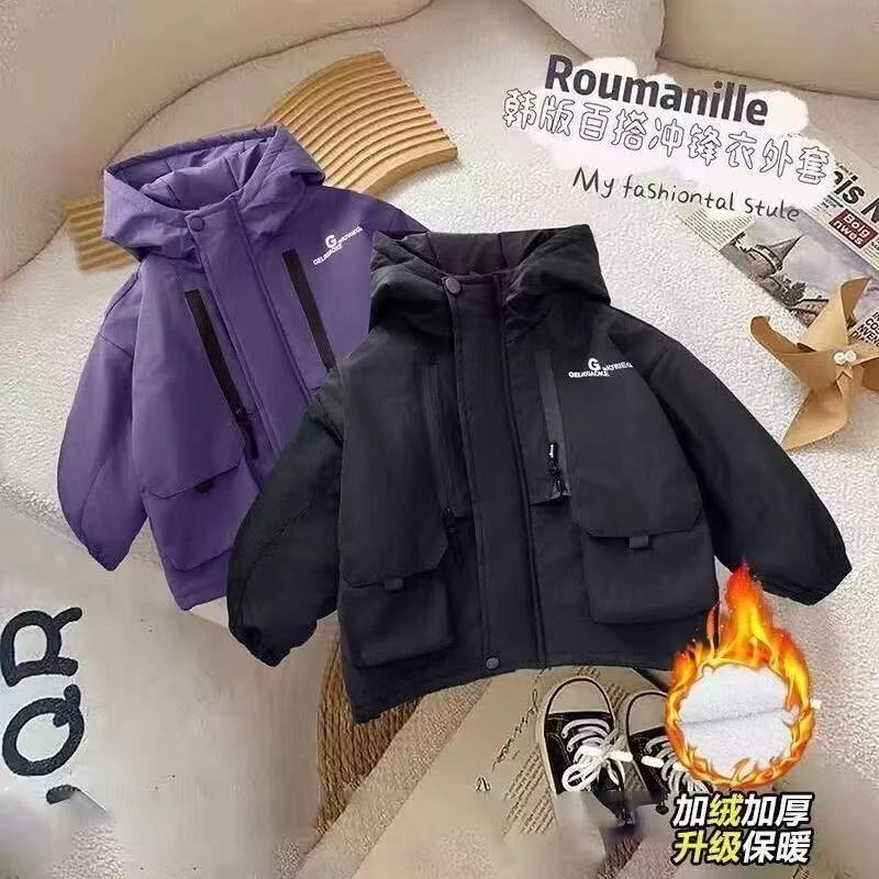 儿童男童加厚外套宝宝新款冬装棉衣上衣小童连帽男孩夹棉风衣