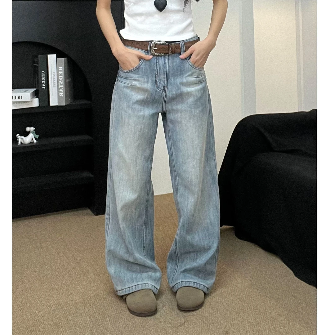 牛仔裤女夏季新款美式hiphop浅蓝色子设计感显腿长浅色职场穿搭