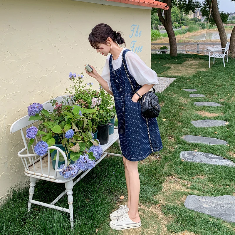 蓝色牛仔波点背带套装裙女夏季薄款时尚休闲小个子甜美减龄两件套