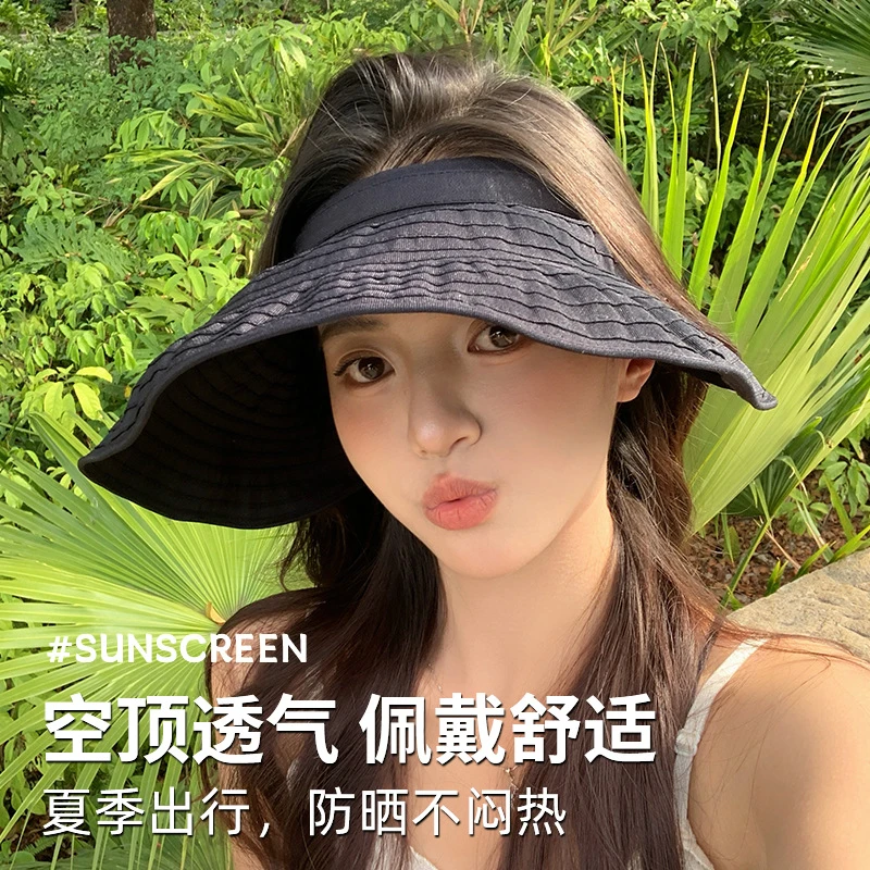 发箍式空顶防晒帽女夏季防紫外线遮阳帽大帽檐条纹贝壳帽太阳帽子
