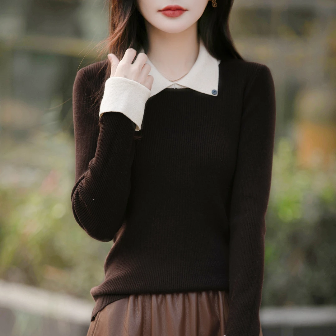 韩式休闲风翻领拼色针织衫秋冬新款上衣小衫