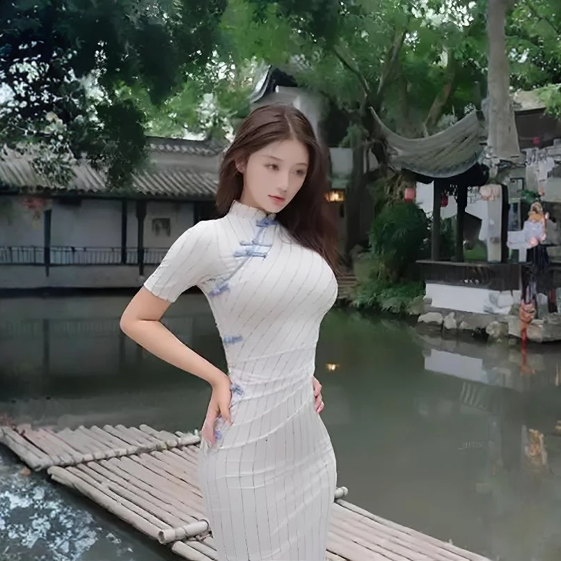 G3080新款国风新中式复古条纹改良旗袍连衣裙女夏收腰显瘦包臀裙