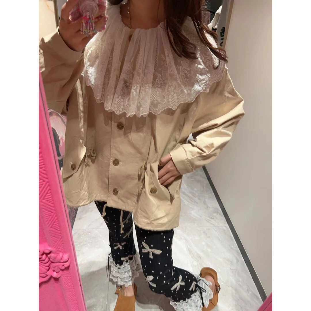 【YFONI】蕾丝花边抽绳秋款荷叶领风衣~