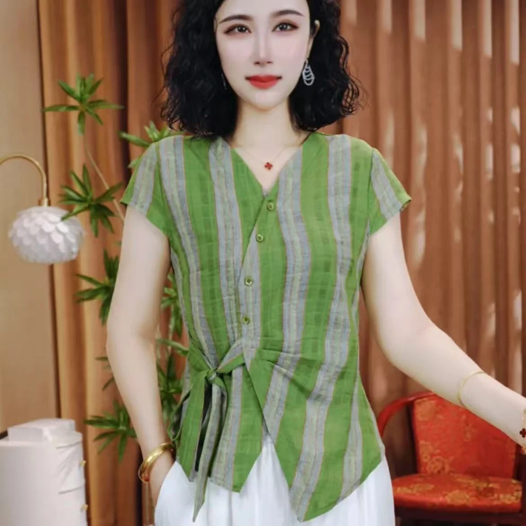 夏季新款女士上衣洋气休闲时尚百搭短袖气质V领显瘦开衫T恤小衫