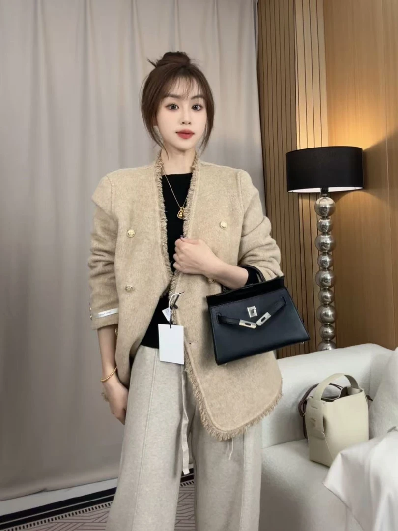 【鳕鱼定制】新款双面呢大衣女装中长款拉毛双排扣宽松毛呢外套8889