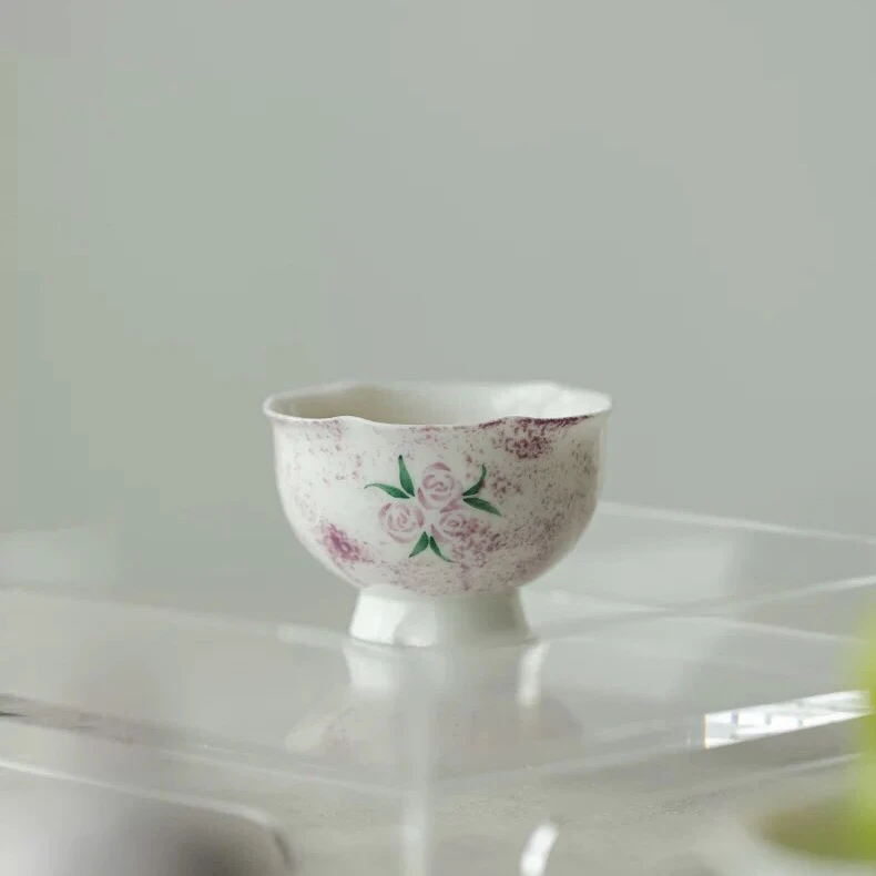 寒舍手绘粉玫瑰茶杯陶瓷主人杯女士功夫茶具品茗茶杯