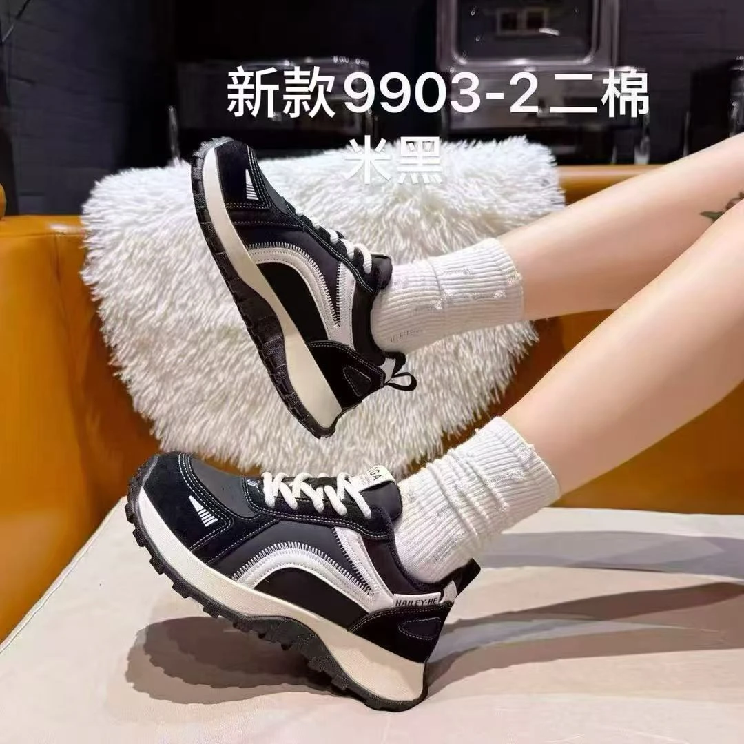 冬季女士拼色时尚休闲鞋百搭秋季中跟德训鞋潮流高帮复古