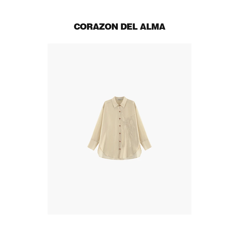 【扶柳】轻盈感雾面手工刺绣流苏宽松飘逸显瘦防晒长袖衬衫-045NJ