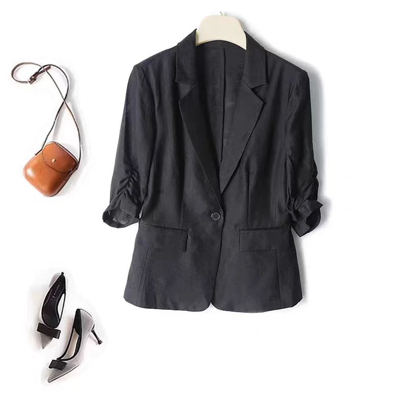 修身有型抽皱七分袖西装领提花棉麻西服显瘦气质外套2024夏季新款