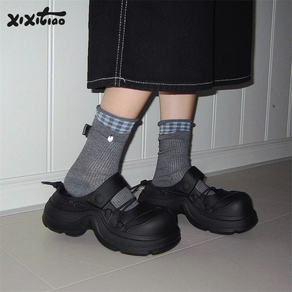 细细条 时尚潮酷街头风ins半拖鞋女夏季新款系带厚底休闲防滑凉鞋