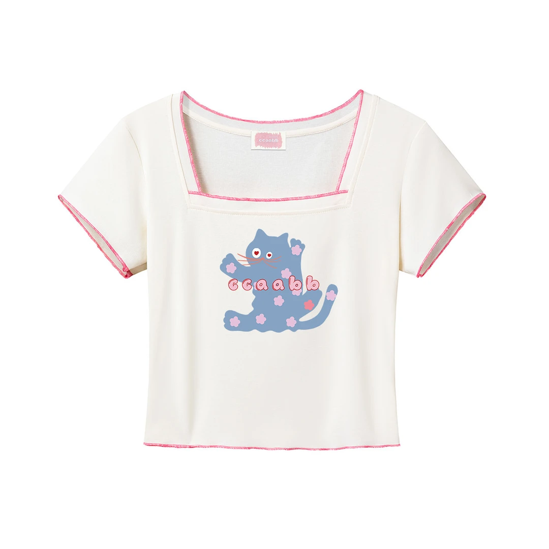 it ccaabb女装动物印花方领短袖t恤夏季甜美可爱风上衣X0009300