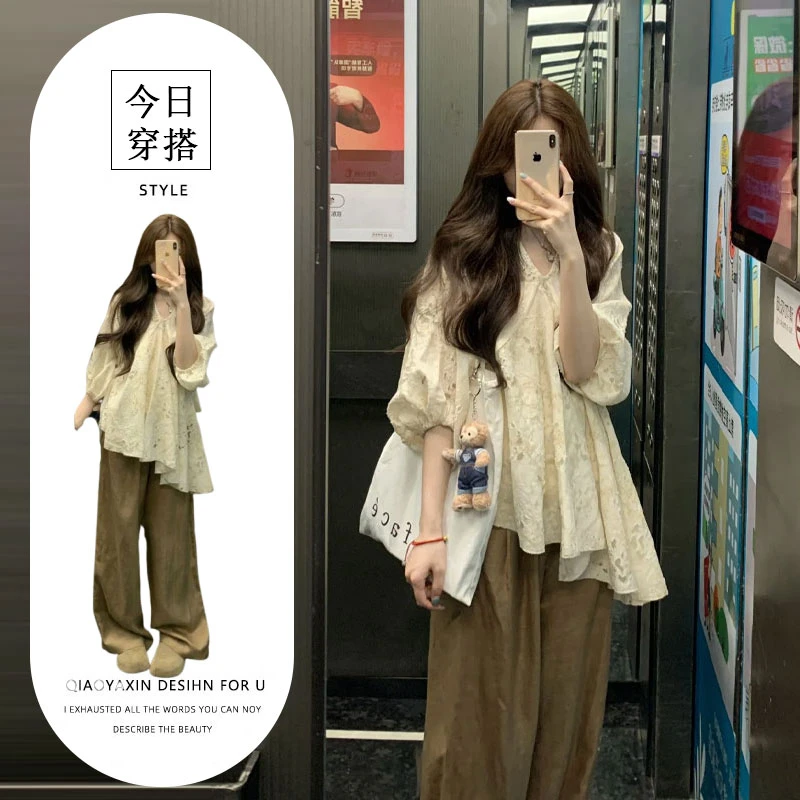 新中式穿搭套装女初秋不规则镂空设计感中袖衬衫阔腿休闲裤两件套