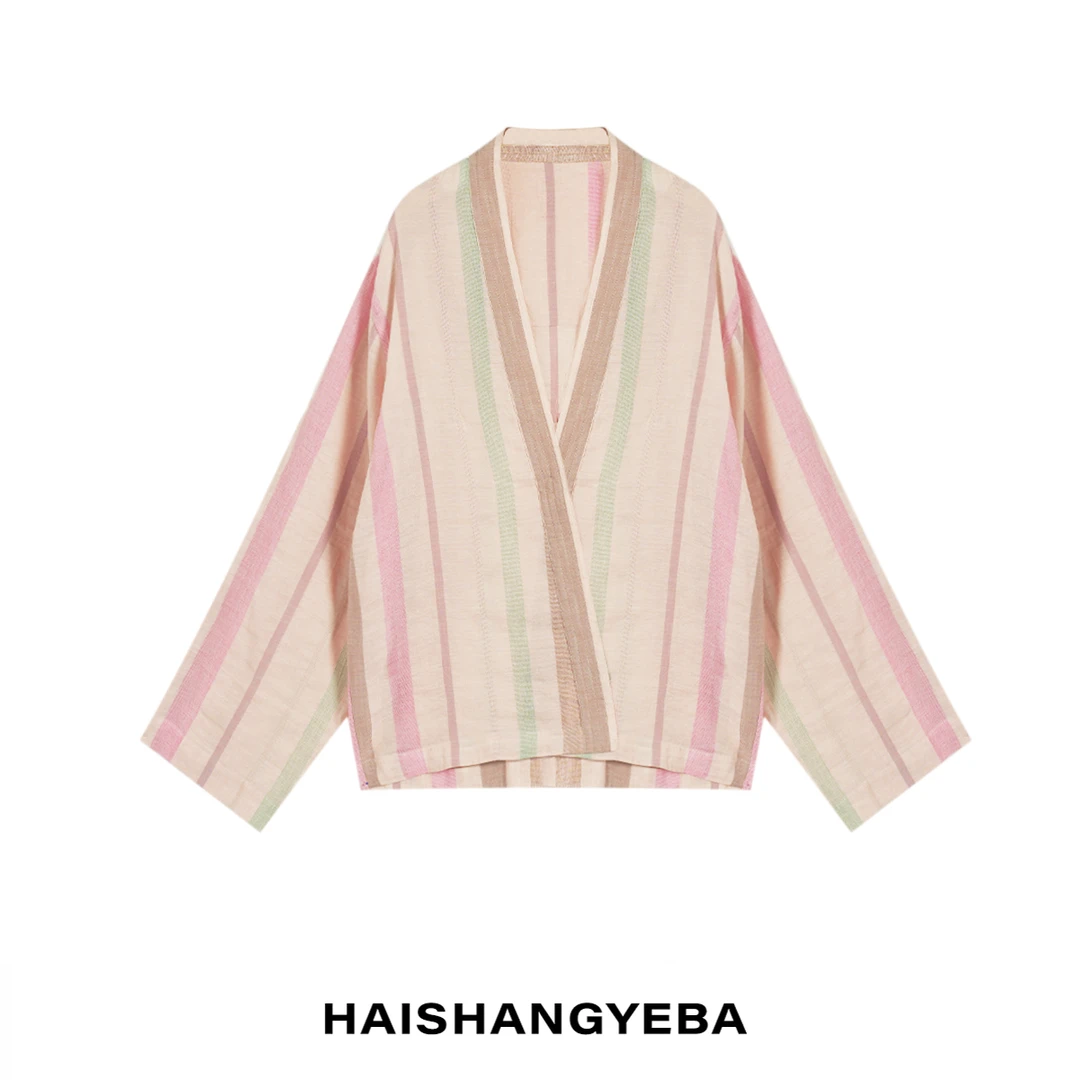 【海上叶爸】新款2025夏季百搭亚麻条纹宽松休闲衬衫外套