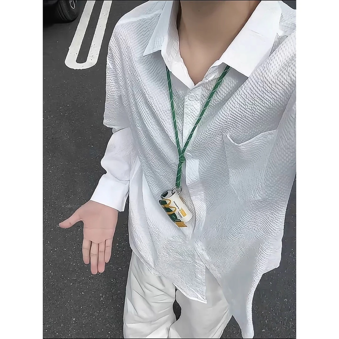 白色肌理感长袖衬衫男士春秋新款潮牌泡泡纱衬衣宽松休闲冬季外套