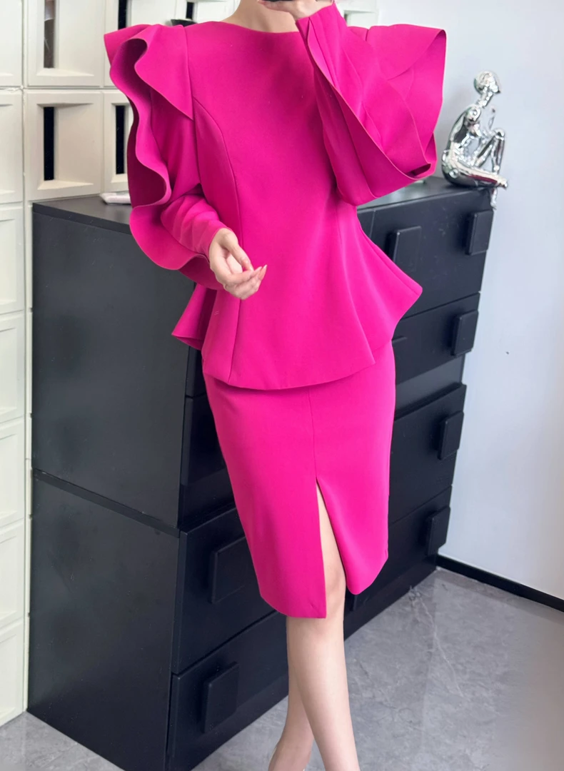 NO退NO换春夏季小众设计款气质女人套装立体感收腰上衣+开叉半裙