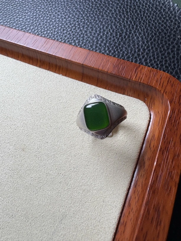 s925银定制和田玉碧玉戒指（圈口16号）