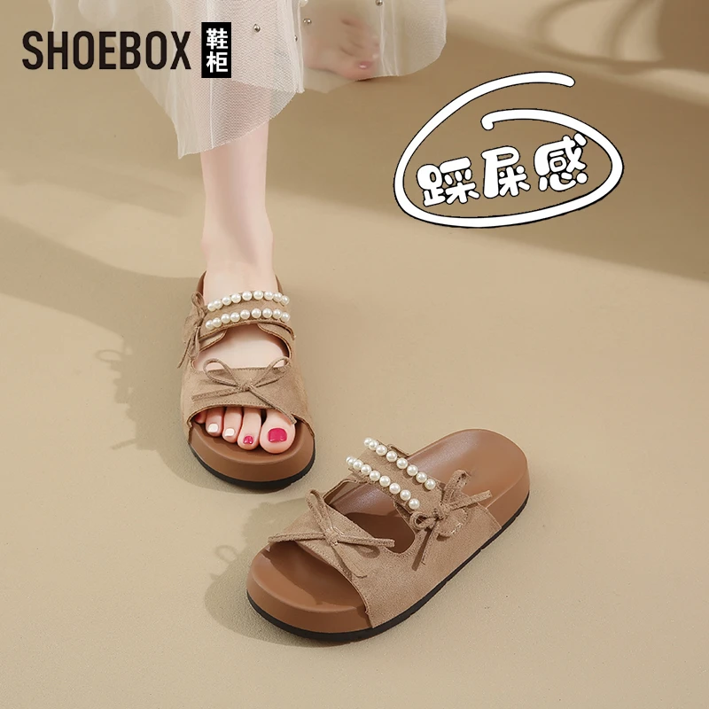 SHOEBOX鞋柜厚底勃肯凉鞋女夏外穿2025新款珍珠配裙沙滩一字拖