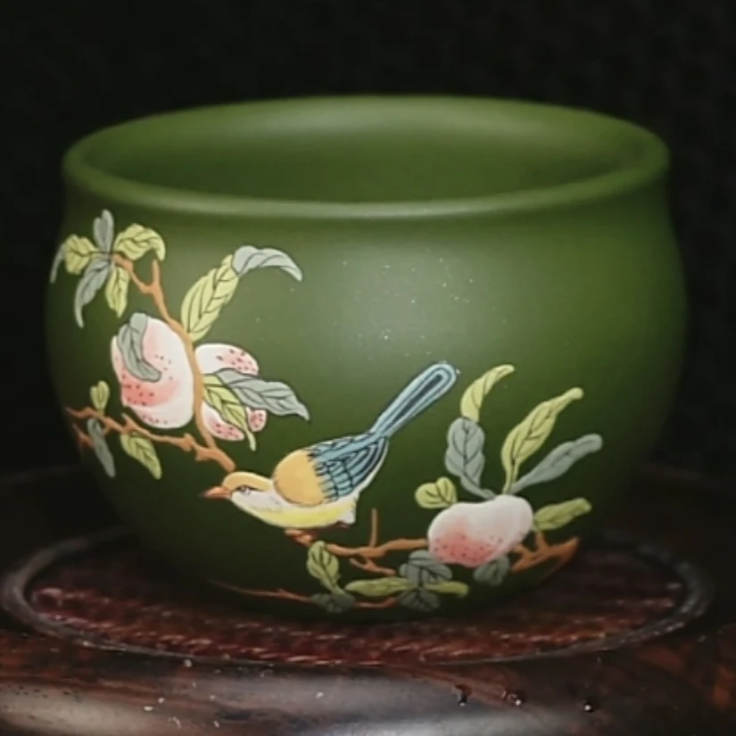 紫砂甄选堆绘寿桃花鸟