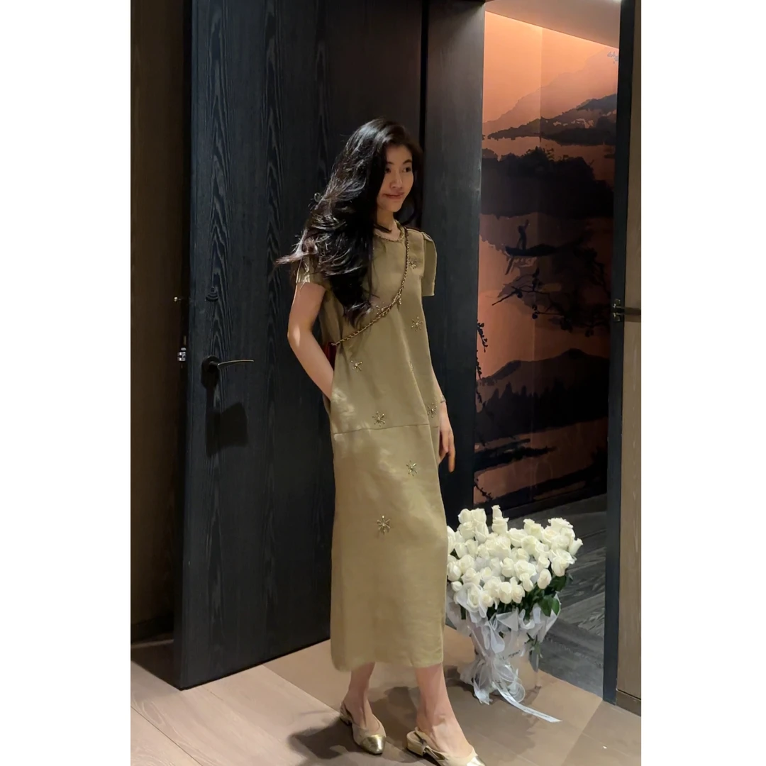 【N·COU】25夏新款【六芒星】长款无袖宽松亮片钉珠亚麻连衣裙DY80597