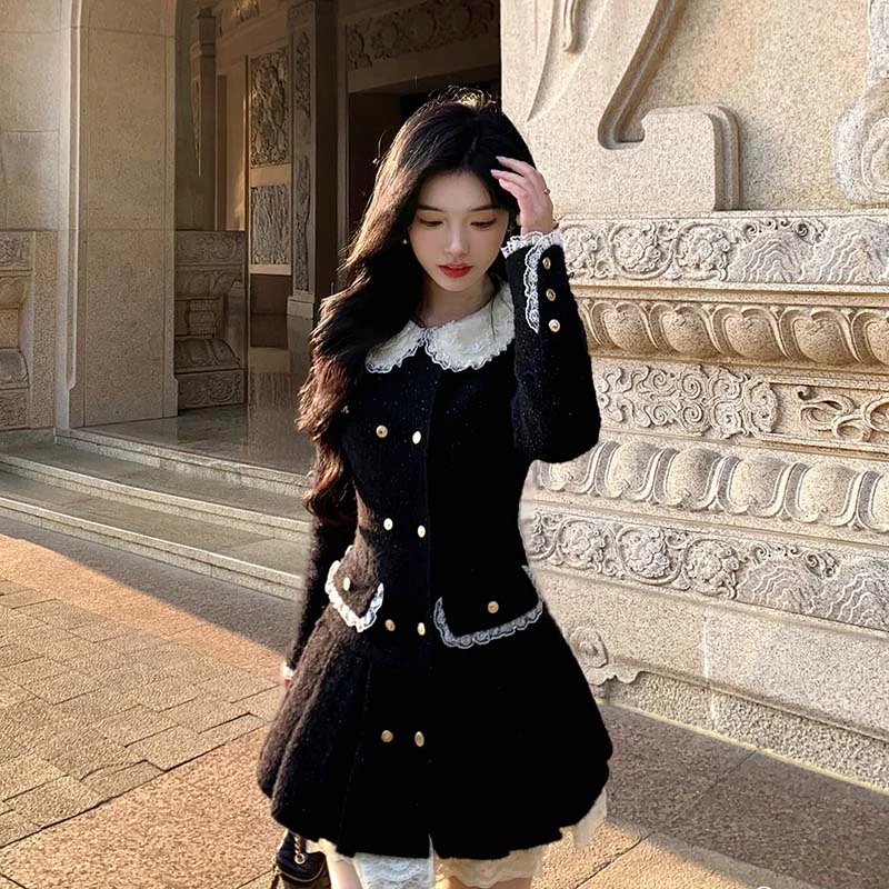 【有里布】千金娃娃领毛呢小香收腰假两件连衣裙DM0206