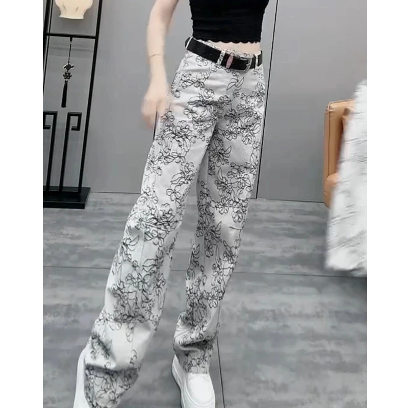 牛仔裤女2025新款春季爆款裤子高腰弯刀裤显瘦时尚花卉宽松阔腿裤