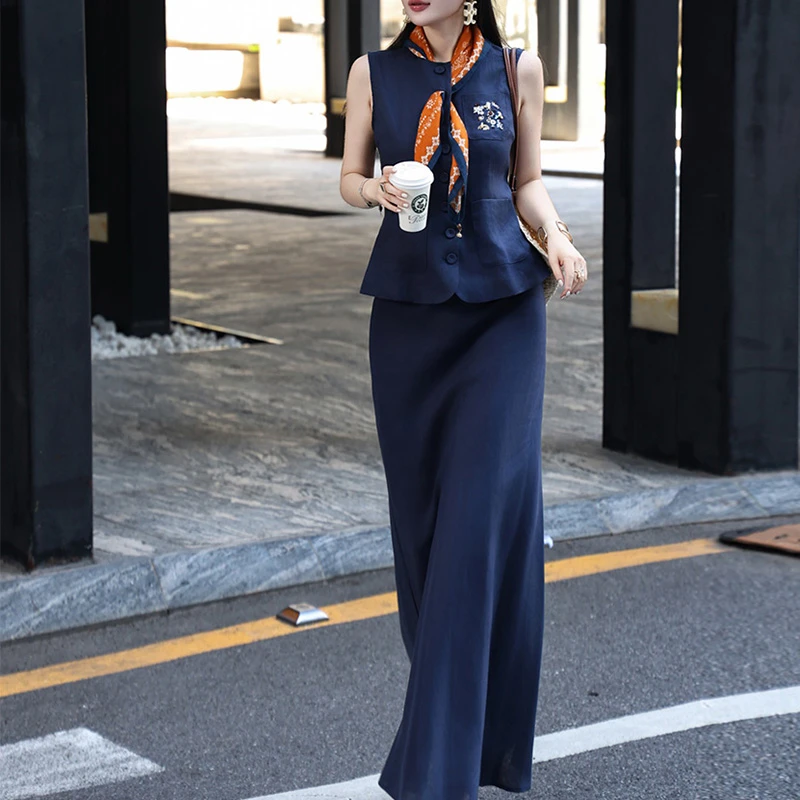 高级感小香风亚麻马甲+半身裙套装女新款时尚优雅显瘦两件套裙夏