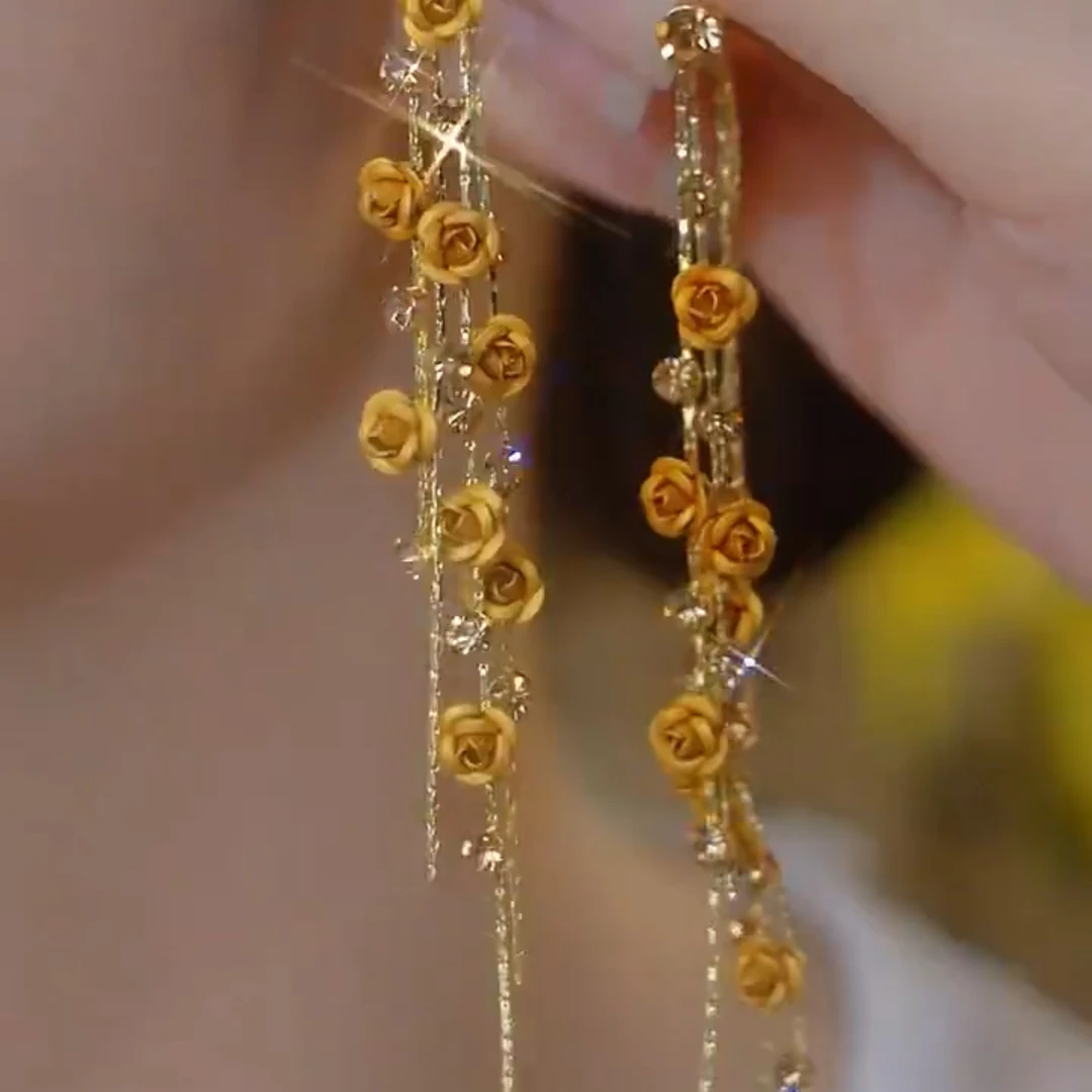 铜合金陶瓷耳饰 时尚美拉德超长款玫瑰花流苏百搭