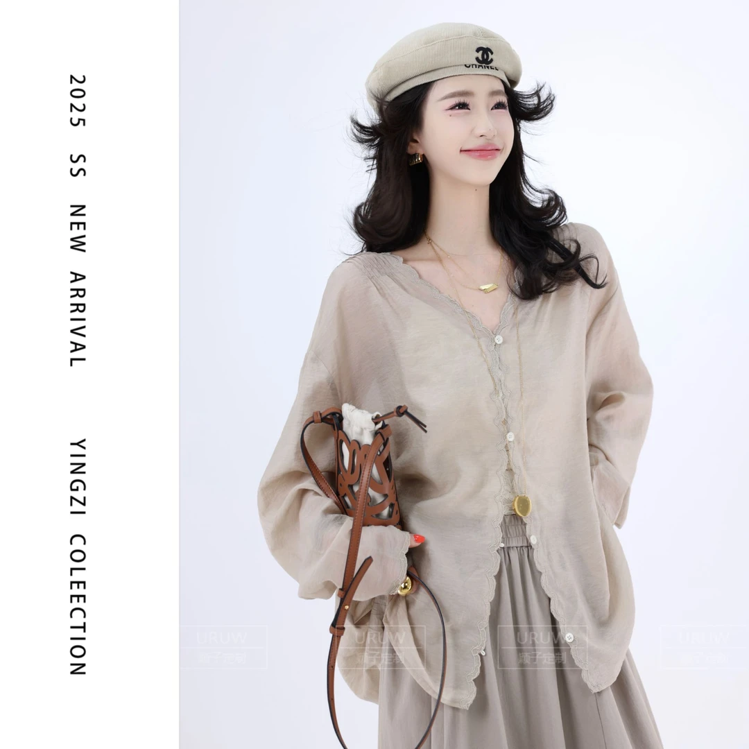 颖子定制【珍珠来信】夏季休闲百搭薄款百搭微透防嗮长袖衬衫9760