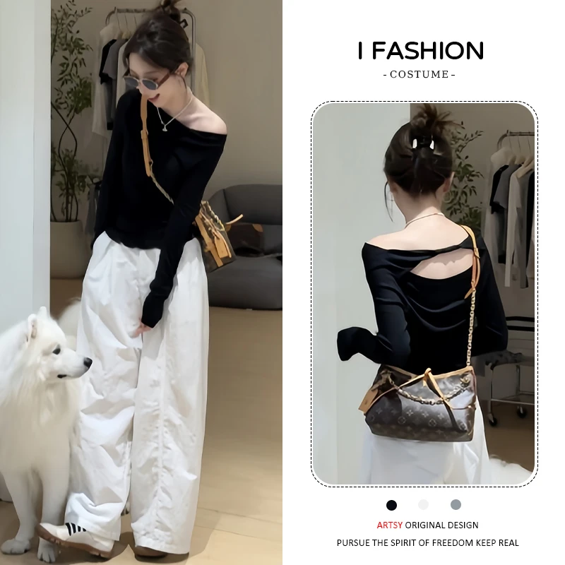 纯欲风时尚减龄套装女2025春秋新款气质显瘦斜肩上衣阔腿裤两件套