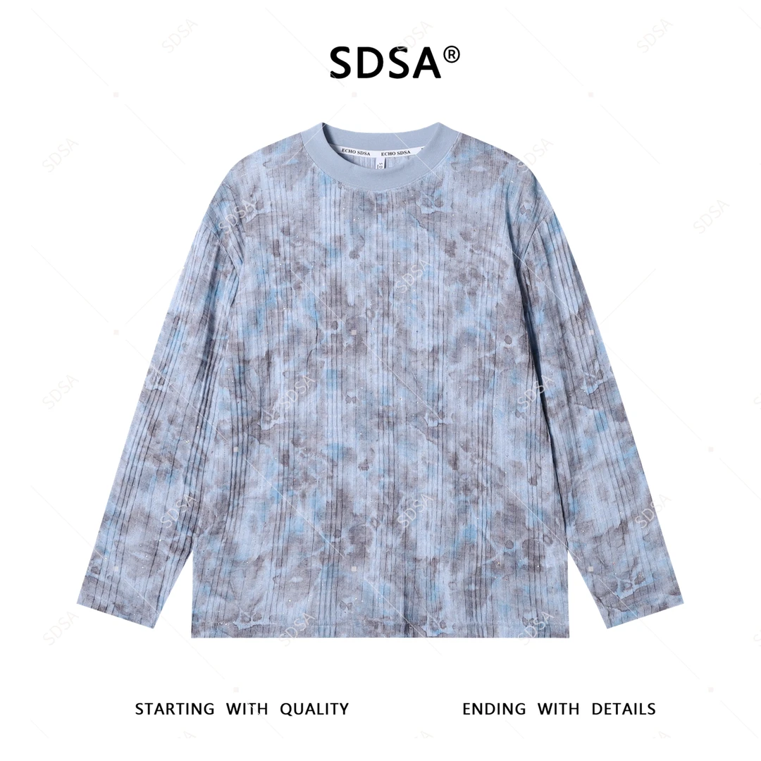 SDSA男士秋冬新款轻奢痞帅男装美式洒金扎染圆领长袖T恤时尚上衣