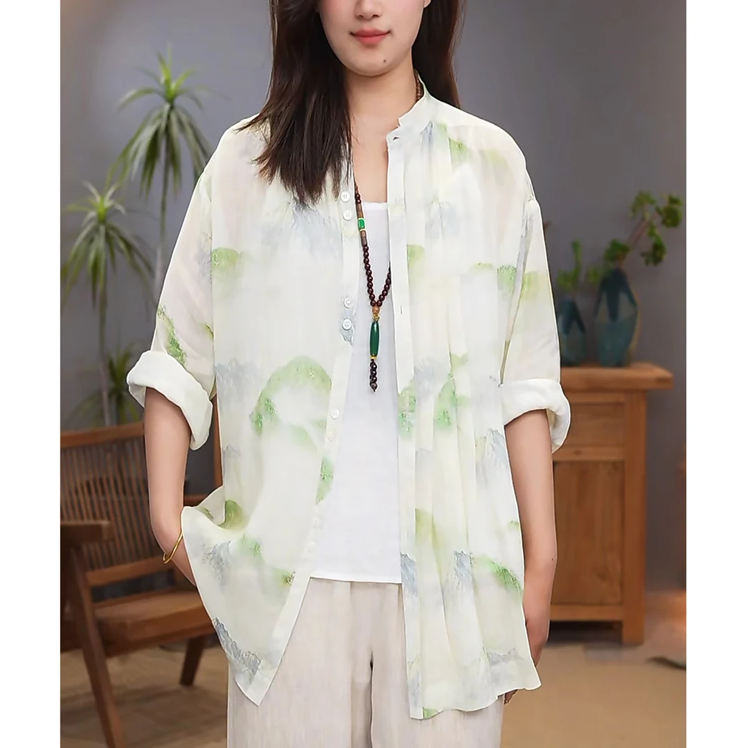 九月阿布100支纯苎麻印花上衣女春季文艺气质休闲立领衬衫1102