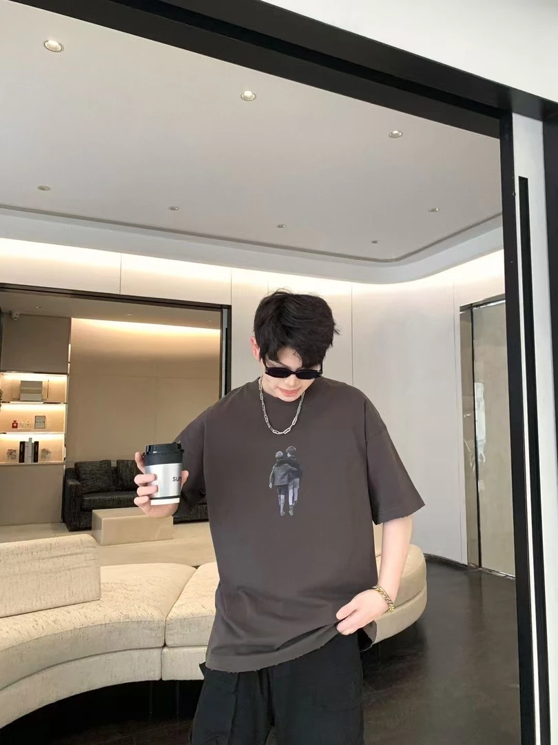 短袖修身型圆领印花常规青年T恤情侣灰色休闲男士百搭*TP8861