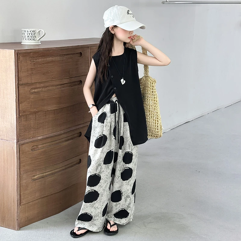 女童夏装休闲套装2025新款洋气薄款童装女孩夏季无袖阔腿裤两件套