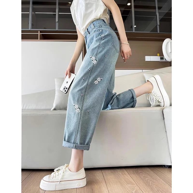 刺绣哈伦牛仔裤女春夏薄款2025年新款高腰宽松胯大腿粗显瘦老爹裤