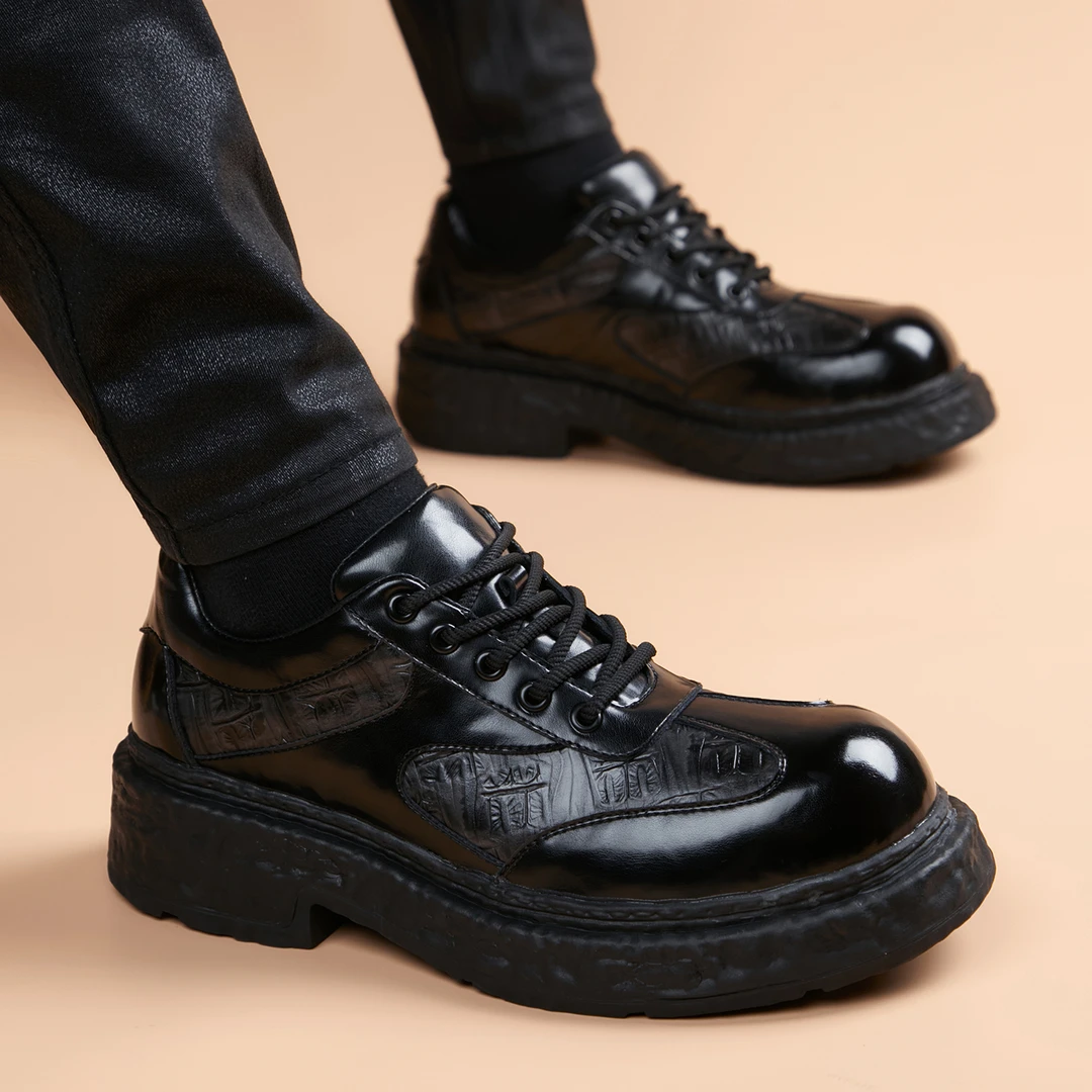 男士爆款秋季运动休闲皮鞋男款真皮英伦厚底内增高圆头休闲男鞋子