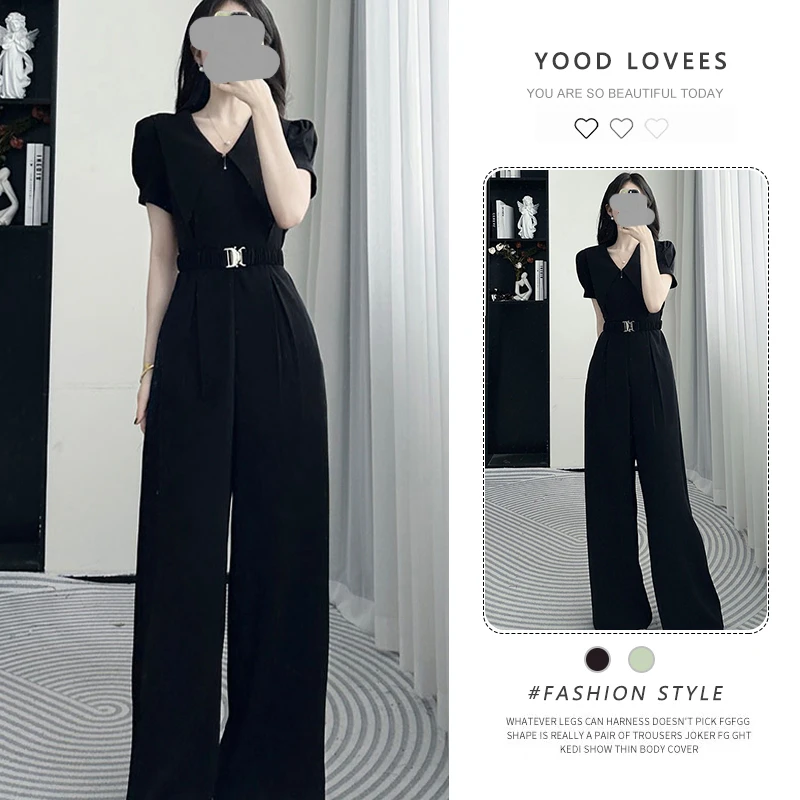 气质通勤高级感短袖连体裤女2025夏季新款收腰宽松阔腿连衣裤女装