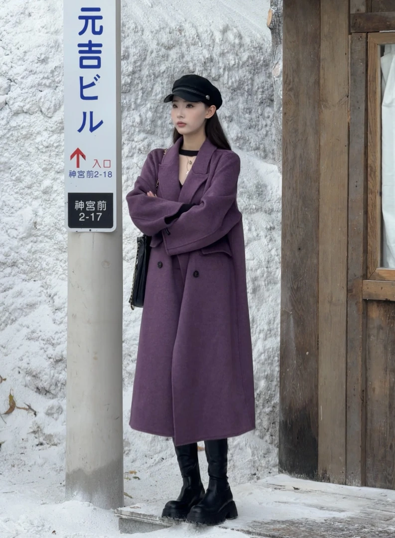 COCO YVONNE韩板正肩袖无垫肩巨显瘦加厚高奢面料超长绵羊毛大衣