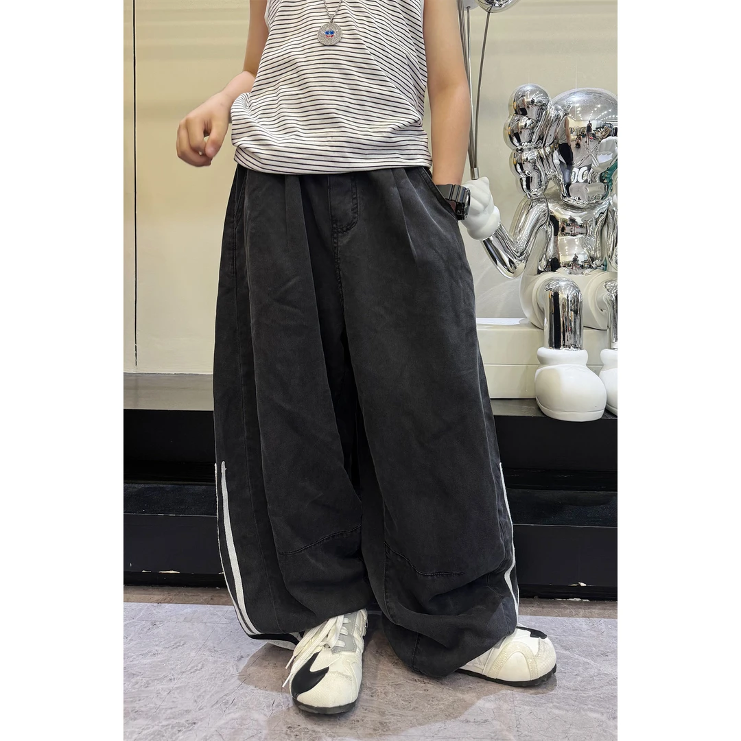 25126【三杠牛仔】春季新款宽松儿童黑色裤脚三杠直筒长裤