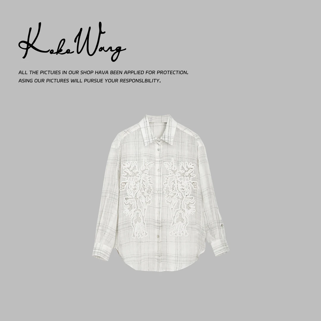 KOKOWANG时尚法式复古蕾丝设计亚麻混纺百搭衬衫衬衣N0685A02W51
