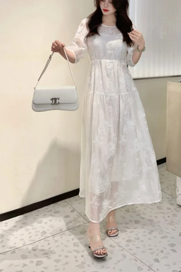 迪家同款长裙优雅气质提花收腰显瘦连衣裙Y1038