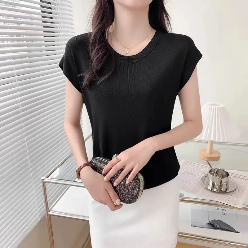 662【衣长55】针织衫女夏季薄款2025年新款落肩袖显瘦圆领短袖