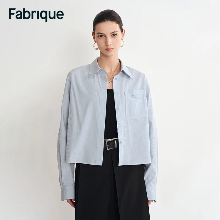 Fabrique Cynthia 春夏新款冰河蓝纯棉细条纹休闲百搭时尚衬衫