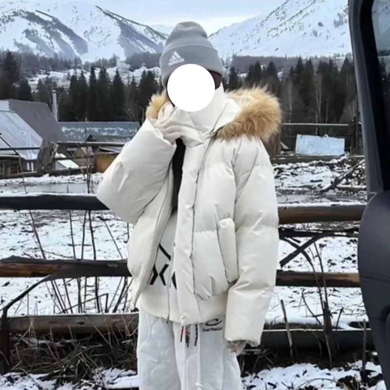 美式复古加厚毛毛领连帽短外套2025冬季大码胖MM休闲百搭保暖棉衣