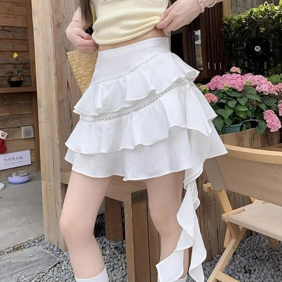 2025夏季新款高腰显瘦荷叶边镂空拼接半身裙不规则设计感短裙女装