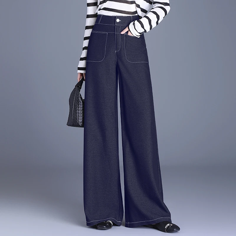 加长时尚显瘦宽松阔腿裤女春夏2025秋季高腰垂坠感直筒明线牛仔裤