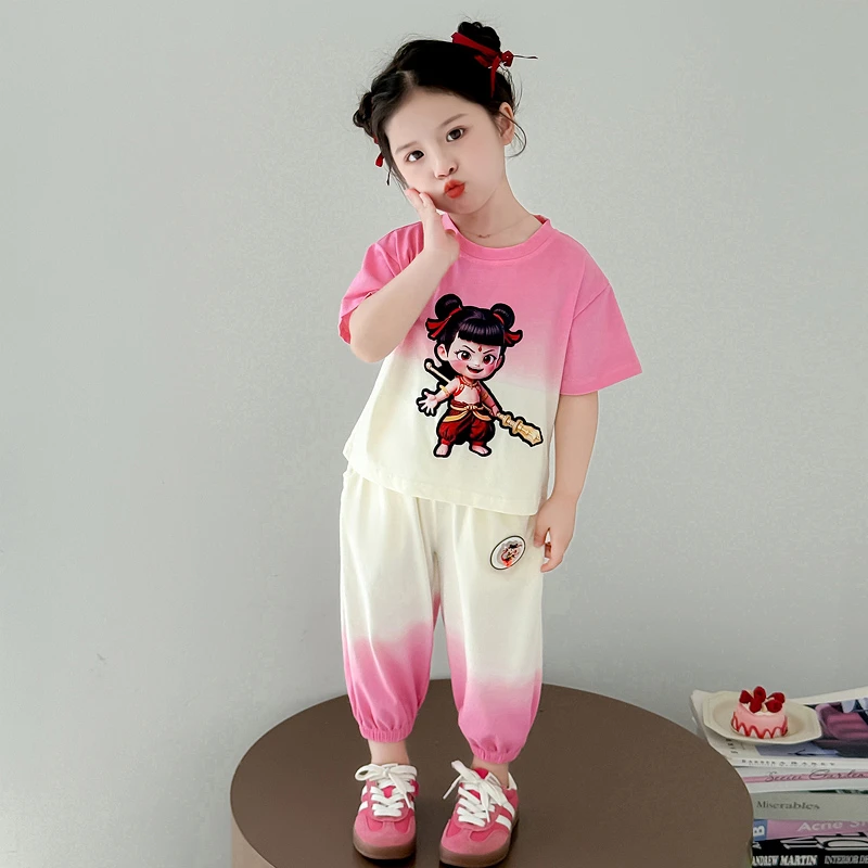 女童哪吒套装洋气渐变色儿童短袖裤子两件套女孩宝宝夏装2025新款