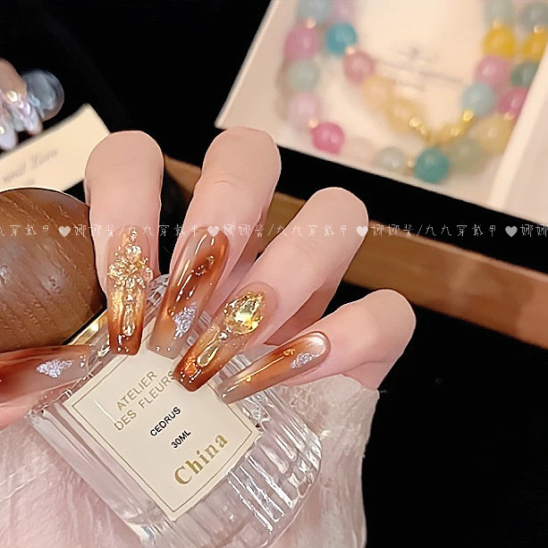 【焦糖幻月】秋冬爆款高级感美拉德琥珀晕染猫眼美甲纯手工穿戴甲